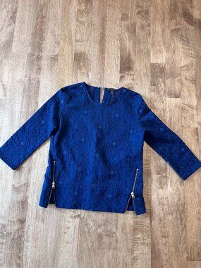 J CREW Top Matelasse Zip Top Ink Navy Blue Geometric Textured Brocade